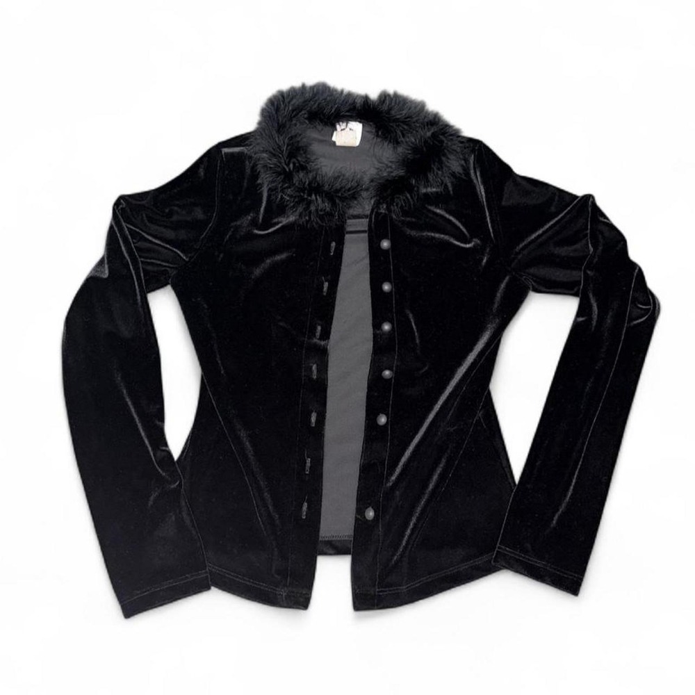 Marabou Feather Trim Black Velour Jacket Cardigan Y2K‎ Whimsygoth 90s Bratz
